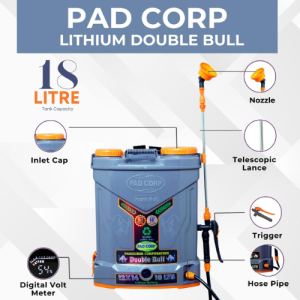 Versatile 18L sprayer with 12V x 14AH Li-ion battery, double motors, and 2AH charger for agriculture, gardening, and pest control.